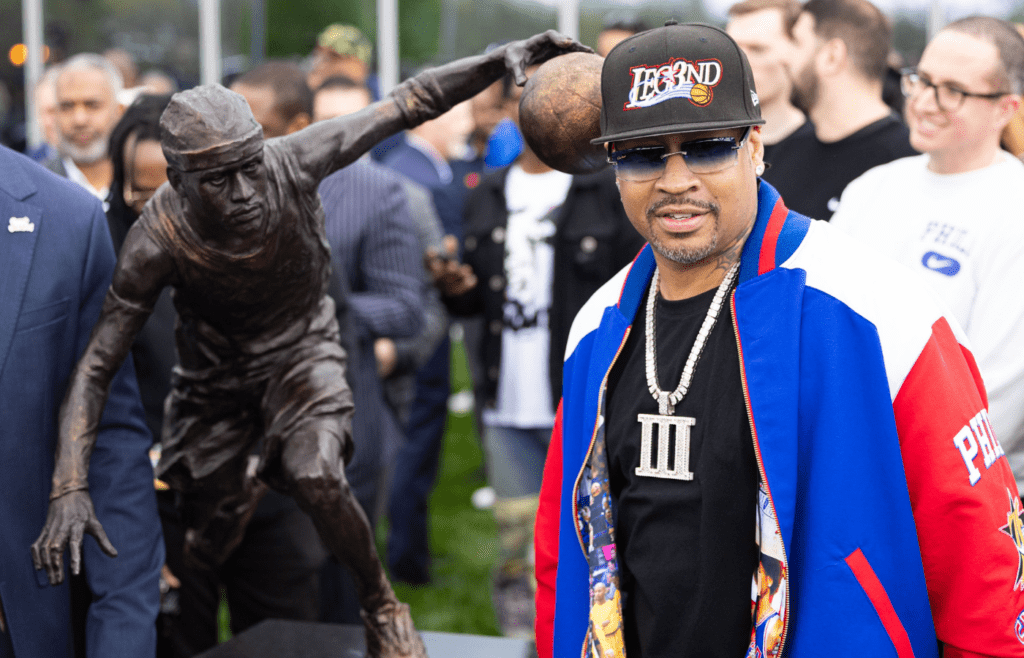 Apr 12, 2024; Camden, NJ, USA; Philadelphia 76ers great Allen Iverson during the unveiling of the statue honoring him in a ceremony at the Philadelphia 76ers Training Complex. Mandatory Credit: Bill Streicher-Imagn Images
