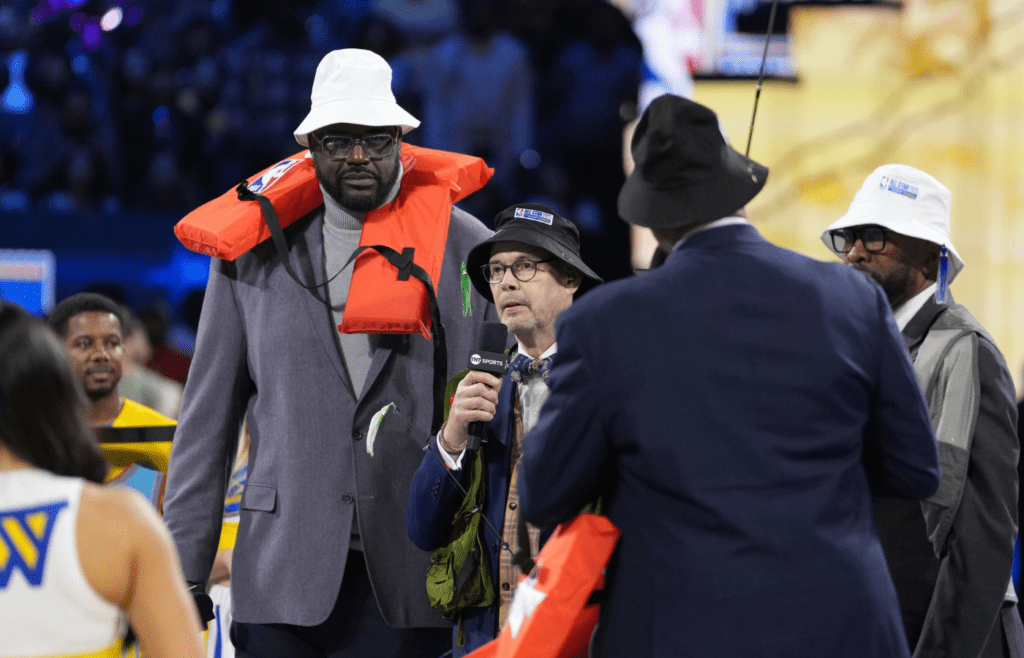 February 16, 2025; San Francisco, CA, USA; Shaq’s OGs general manager Shaquille O’Neal and broadcaster Ernie Johnson during a break in the game against Chuck’s Global Stars during the 2025 NBA All Star Game at Chase Center. Mandatory Credit: Kyle Terada-Imagn Images