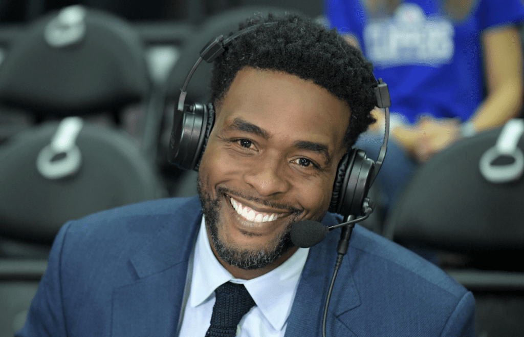 Jan 4, 2018; Los Angeles, CA, USA; TNT broadcasters Chris Webber poses during an NBA basketball game between the Oklahoma City Thunder and the Los Angeles Clippers at Staples Center. The Thunder defeated the Clippers 127-117. Mandatory Credit: Kirby Lee-Imagn Images