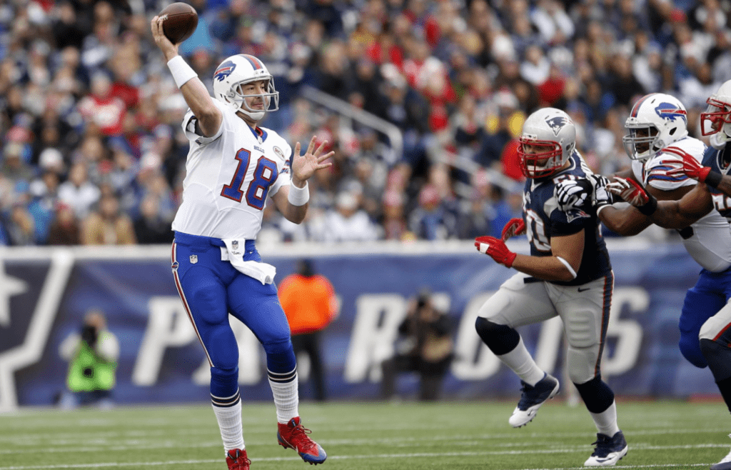Dec 28, 2014; Foxborough, MA, USA; Buffalo Bills quarterback Kyle Orton (18) throws a pass against the New England Patriots in the first quarter at Gillette Stadium. Mandatory Credit: David Butler II-Imagn Images