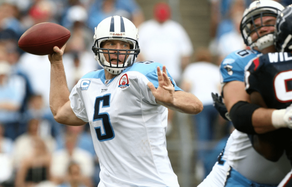 Tennessee Titans quarterback Kerry Collins (5) his set to throws a pass against the Houston Texans at LP Field in Nashville on Sept. 20, 2009. The Titans lost their home opener 34-31.