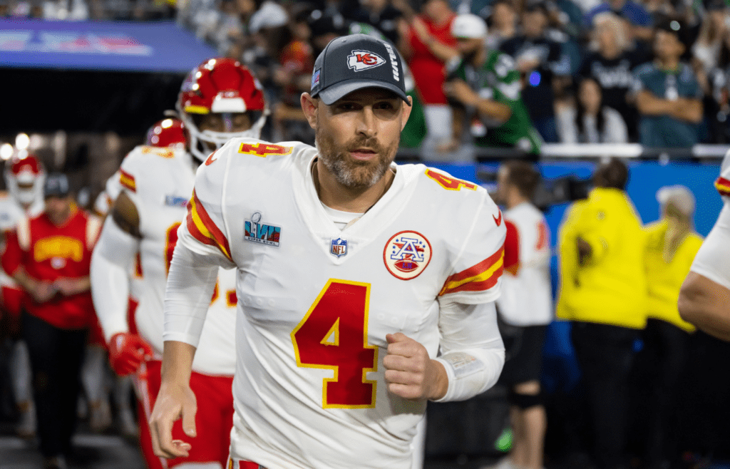 Feb 12, 2023; Glendale, Arizona, US; Kansas City Chiefs quarterback Chad Henne (4) against the Philadelphia Eagles during Super Bowl LVII at State Farm Stadium. Mandatory Credit: Mark J. Rebilas-Imagn Images