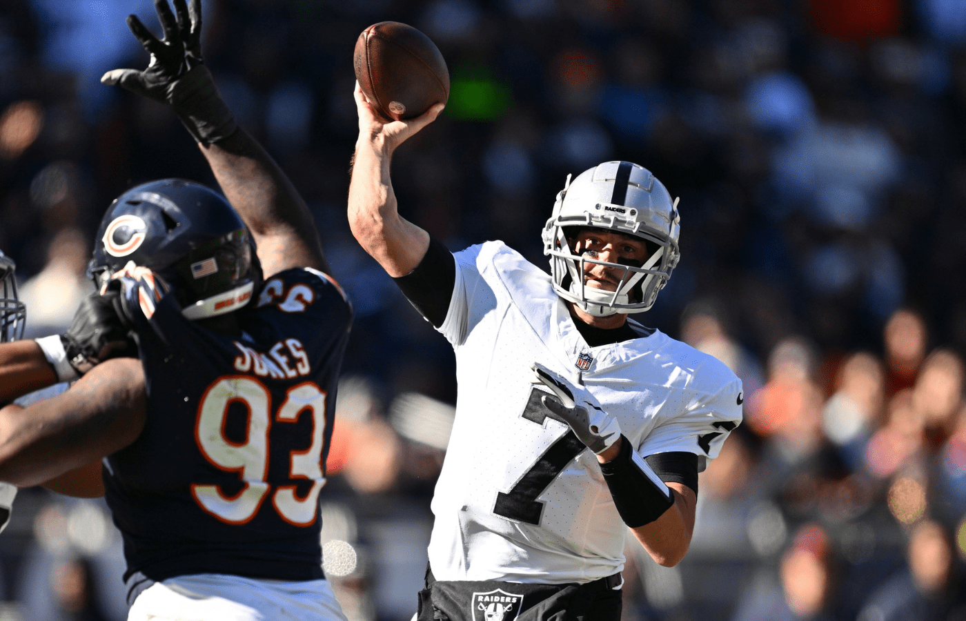 Oct 22, 2023; Chicago, Illinois, USA; Las Vegas Raiders quarterback Brian Hoyer (7) passes in the fourth quarter against the Chicago Bears at Soldier Field. Mandatory Credit: Jamie Sabau-Imagn Images