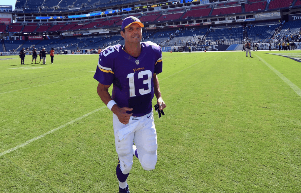 Sep 11, 2016; Nashville, TN, USA; Minnesota Vikings quarterback Shaun Hill (13) runs off the field after a win against the Tennessee Titans at Nissan Stadium. The Vikings won 25-16. Mandatory Credit: Christopher Hanewinckel-Imagn Images