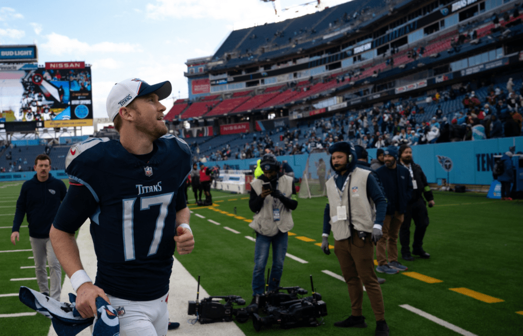 Tennessee Titans quarterback Ryan Tannehill (17) heads off the field after beating the Jacksonville Jaguars at Nissan Stadium in Nashville, Tenn., Sunday, Jan. 7, 2024. The Titans beat the Jaguars 28-20 to knock them out of the playoffs.