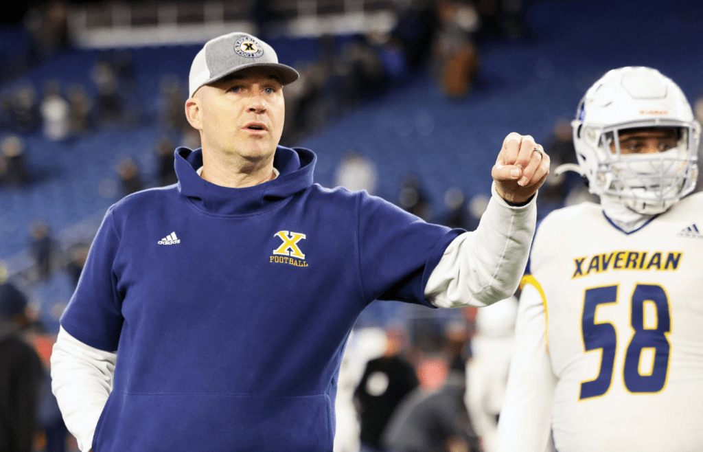 Xaverian assistant coach Matt Hasselbeck during the Division 1 state title game versus St. John's Prep at Gillette Stadium on Wednesday, Nov. 29, 2023.