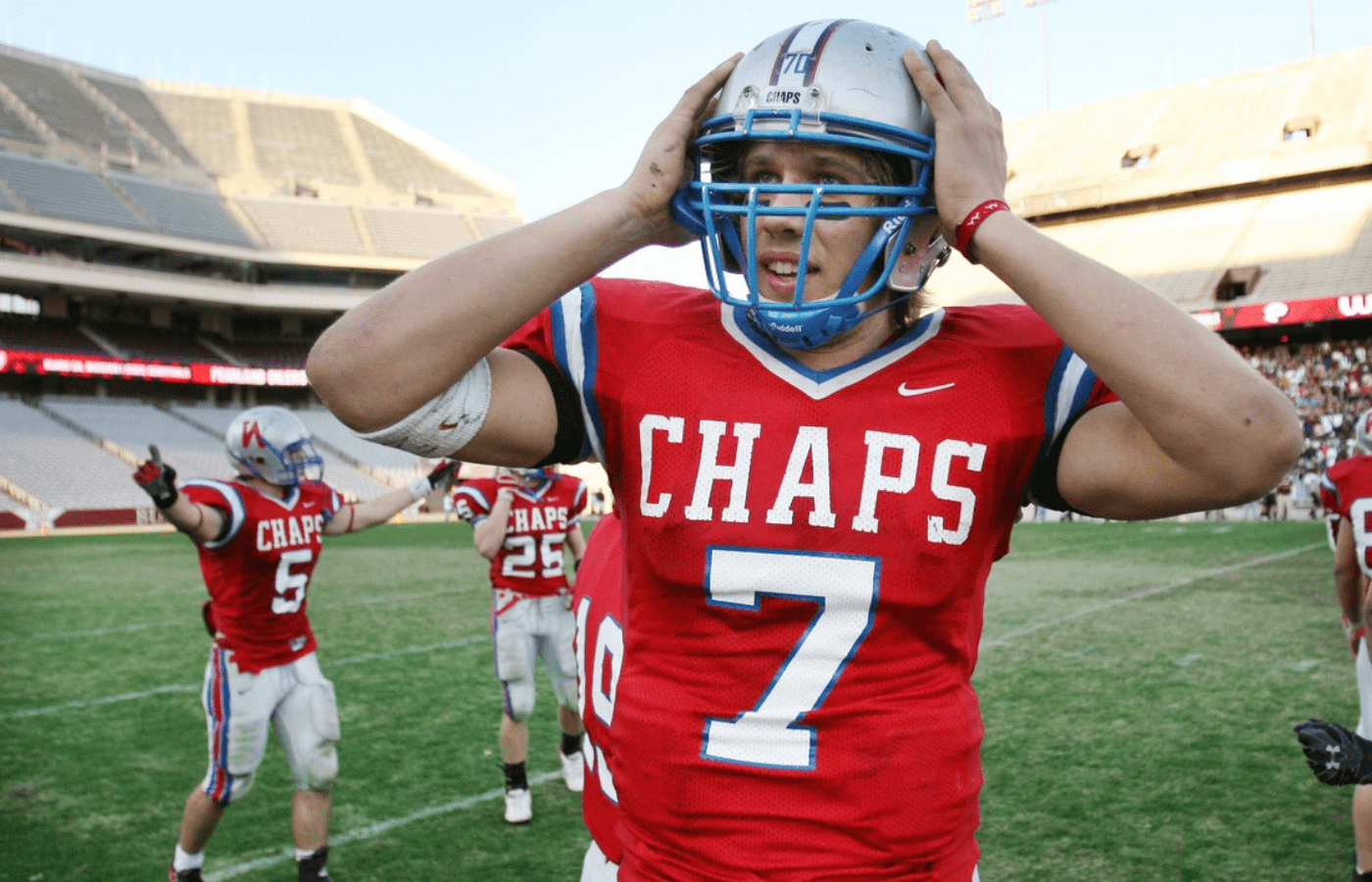 Westlake quarterback Nick Foles walks off the field as the final seconds tick off the clock during a 35-32 win over Pearland at the Class 5A Division 1 state semifinal at Kyle Field in College Station on Saturday Dec. 16, 2006.