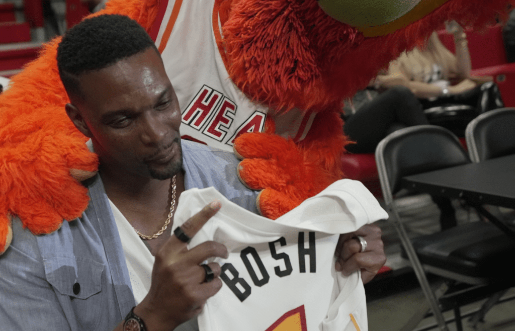 Mar 4, 2023; Miami, Florida, USA; Former Miami Heat center and Basketball Hall of Fame member Chris Bosh was recognized during the game against the Atlanta Hawks at Miami-Dade Arena. Mandatory Credit: Jim Rassol-Imagn