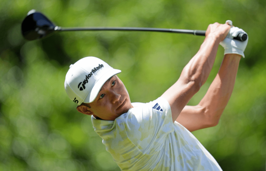 May 18, 2025; Charlotte, North Carolina, USA; Collin Morikawa tees off on the 14th hole during the final round of the PGA Championship golf tournament at Quail Hollow. Mandatory Credit: Aaron Doster-Imagn Images