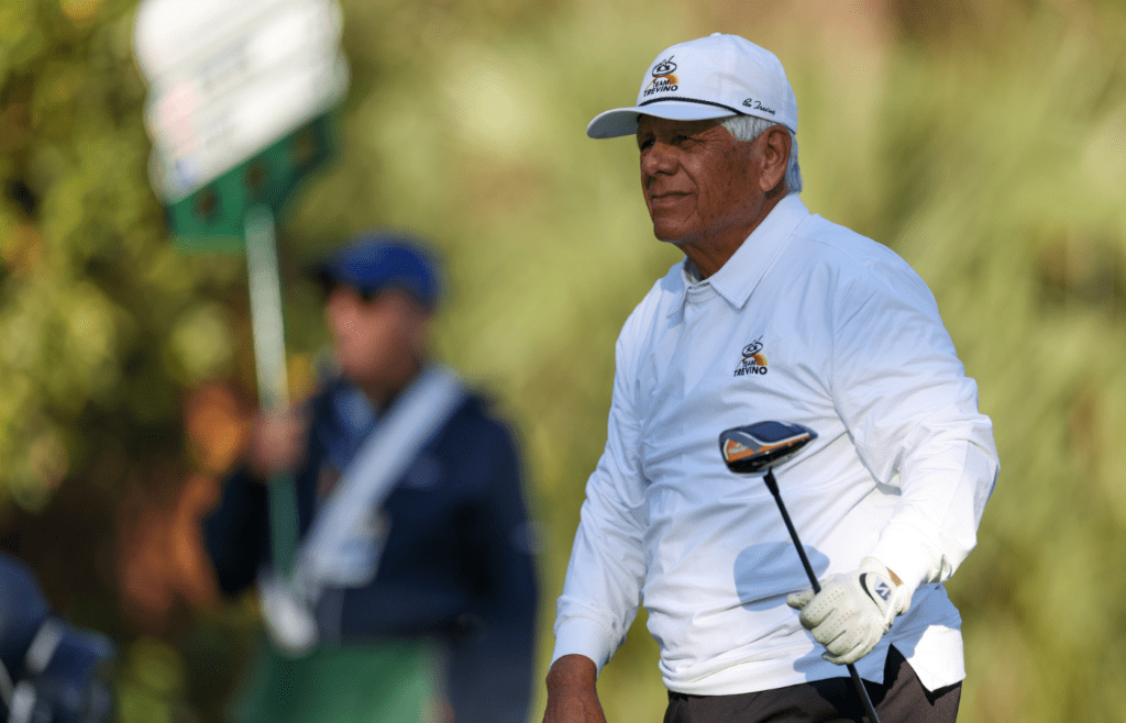 Dec 21, 2024; Orlando, Florida, [USA]; Lee Trevino tees off during the PNC Championship at The Ritz-Carlton Golf Club. Mandatory Credit: Nathan Ray Seebeck-Imagn Images