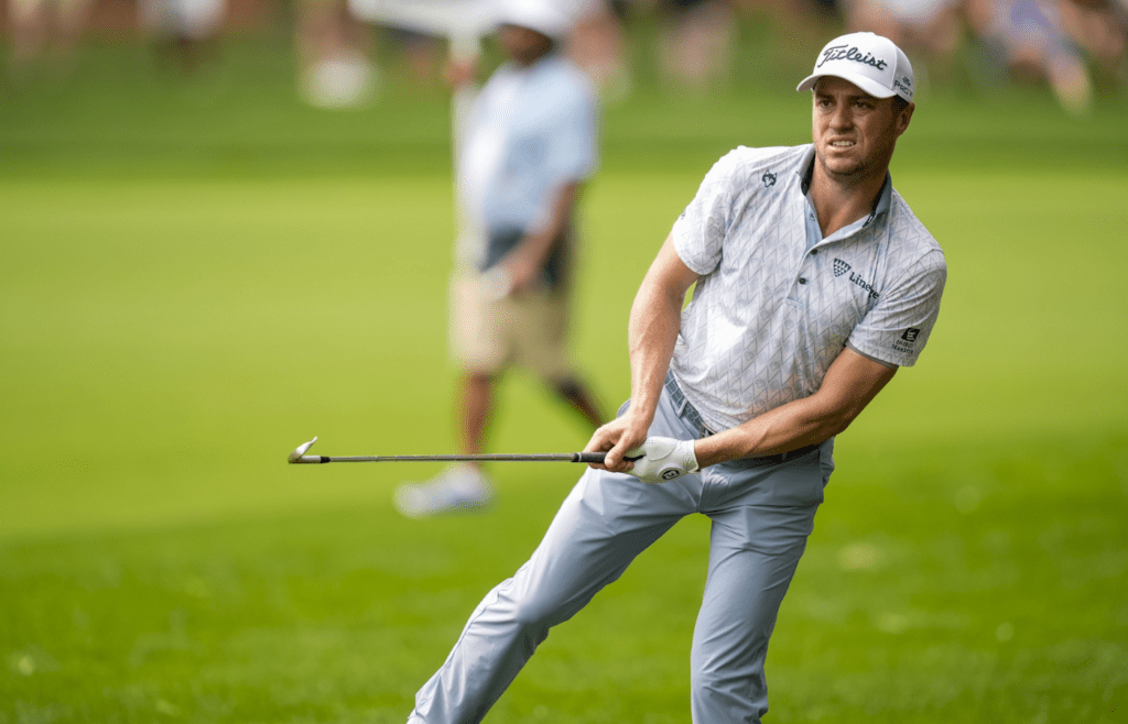 May 16, 2025; Charlotte, North Carolina, USA; Justin Thomas watches his ball travel to the green on the second hole during the second round of the PGA Championship golf tournament at Quail Hollow. Mandatory Credit: Jim Dedmon-Imagn Images