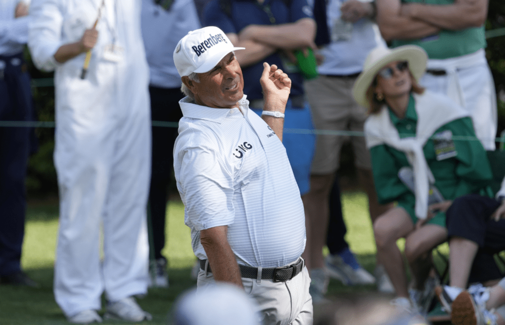 Apr 11, 2025; Augusta, Georgia, USA; Fred Couples plays his shot from the 15th tee during the second round of the Masters Tournament at Augusta National Golf Club. Mandatory Credit: Michael Madrid-Imagn Images