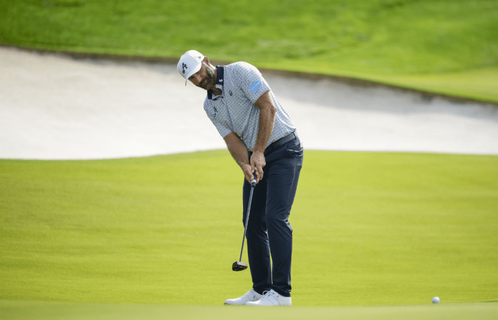 May 16, 2025; Charlotte, North Carolina, USA; Dustin Johnson putt on the fifteenth hole during the second round of the PGA Championship golf tournament at Quail Hollow. Mandatory Credit: Aaron Doster-Imagn Images