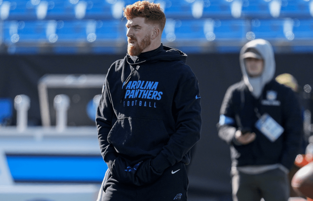 Dec 22, 2024; Charlotte, North Carolina, USA; Carolina Panthers quarterback Andy Dalton (14) during pregame warmups against the Arizona Cardinals at Bank of America Stadium. Mandatory Credit: Jim Dedmon-Imagn Images