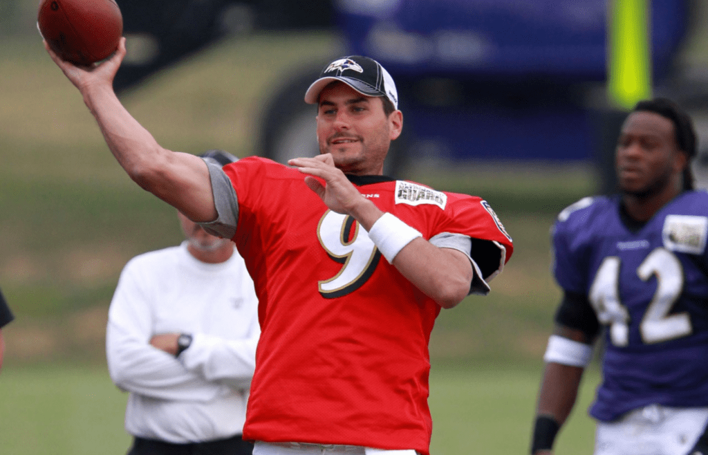 August 1, 2010; Westminster, MD, USA; Baltimore Ravens quarterback Marc Bulger (9) during the Baltimore Ravens training camp at McDaniel College. Mandatory Credit: Mitch Stringer-Imagn Images