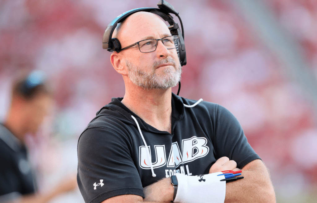 Sep 14, 2024; Fayetteville, Arkansas, USA; UAB Blazers head coach Trent Dilfer in the third quarter against the Arkansas Razorbacks at Donald W. Reynolds Razorback Stadium. Arkansas won 37-27. Mandatory Credit: Nelson Chenault-Imagn Images