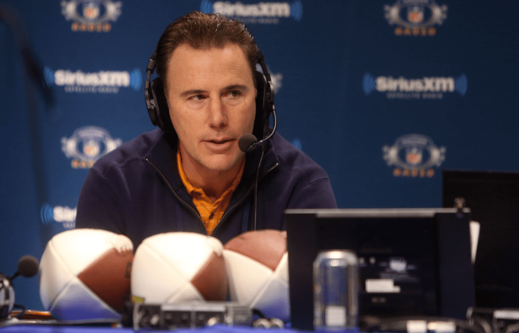 Jan 29, 2014; New York, NY, USA; NFL former quarterback Rich Gannon speaks on Sirius XM on radio row in preparation for Super Bowl XLVIII at the Sheraton Times Square. Mandatory Credit: Jerry Lai-Imagn Images