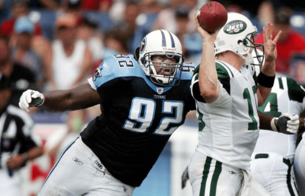 Tennessee Titans defensive tackle Albert Haynesworth (92) pressures New York Jets quarterback Chad Pennington (10) at LP Field in Nashville on Sep. 10, 2006. The Titans lost their home and season opener 23-16