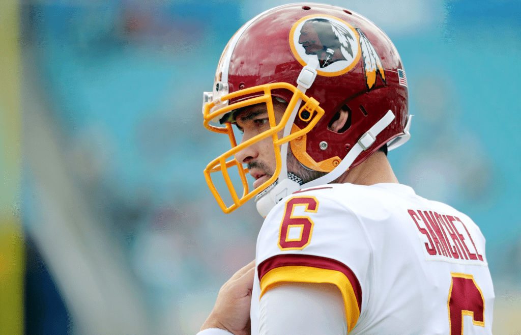 Dec 16, 2018; Jacksonville, FL, USA; Washington Redskins quarterback Mark Sanchez (6) look on prior to the game at TIAA Bank Field. Mandatory Credit: Kim Klement-Imagn Images