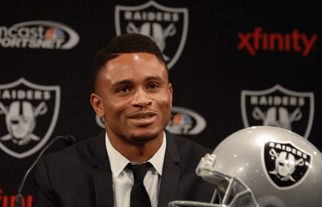 Dec 27, 2013; Alameda, CA, USA; Oakland Raiders former cornerback Nnamdi Asomugha announces his retirement at press conference at Oakland Raiders Practice Facility. Mandatory Credit: Kirby Lee-Imagn Images