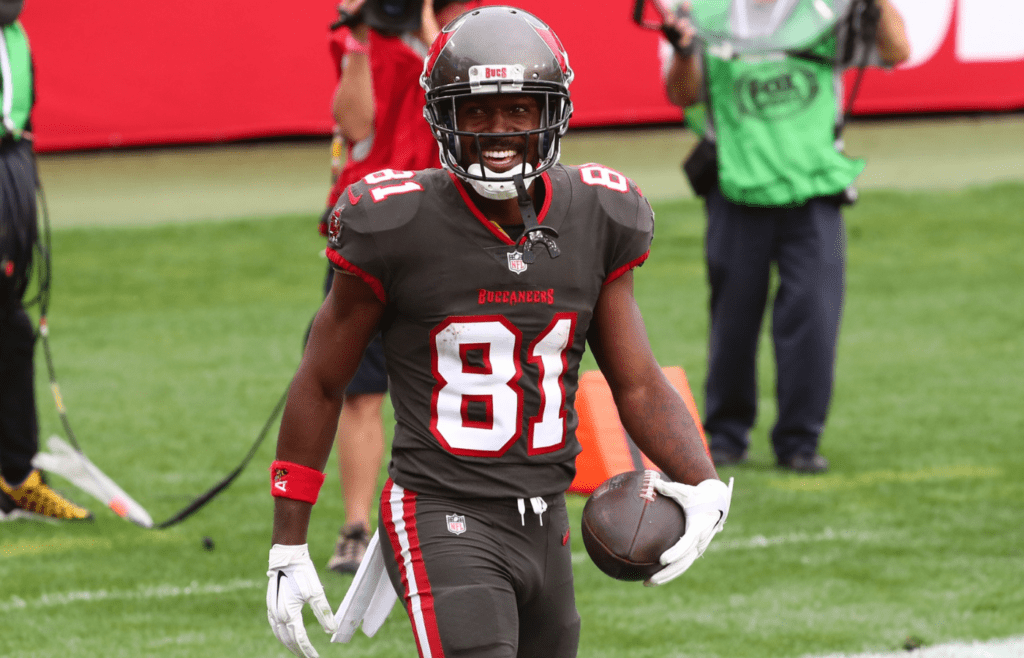 Jan 3, 2021; Tampa, Florida, USA; Tampa Bay Buccaneers wide receiver Antonio Brown (81) smiles after scoring a touchdown against the Atlanta Falcons during the second half at Raymond James Stadium. Mandatory Credit: Kim Klement-Imagn Images