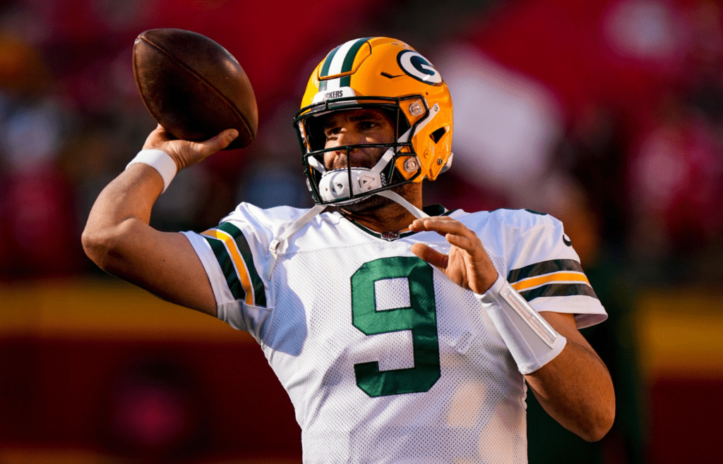 Nov 7, 2021; Kansas City, Missouri, USA; Green Bay Packers quarterback Blake Bortles (9) warms up before the game against the Kansas City Chiefs at GEHA Field at Arrowhead Stadium. Mandatory Credit: Jay Biggerstaff-Imagn Images