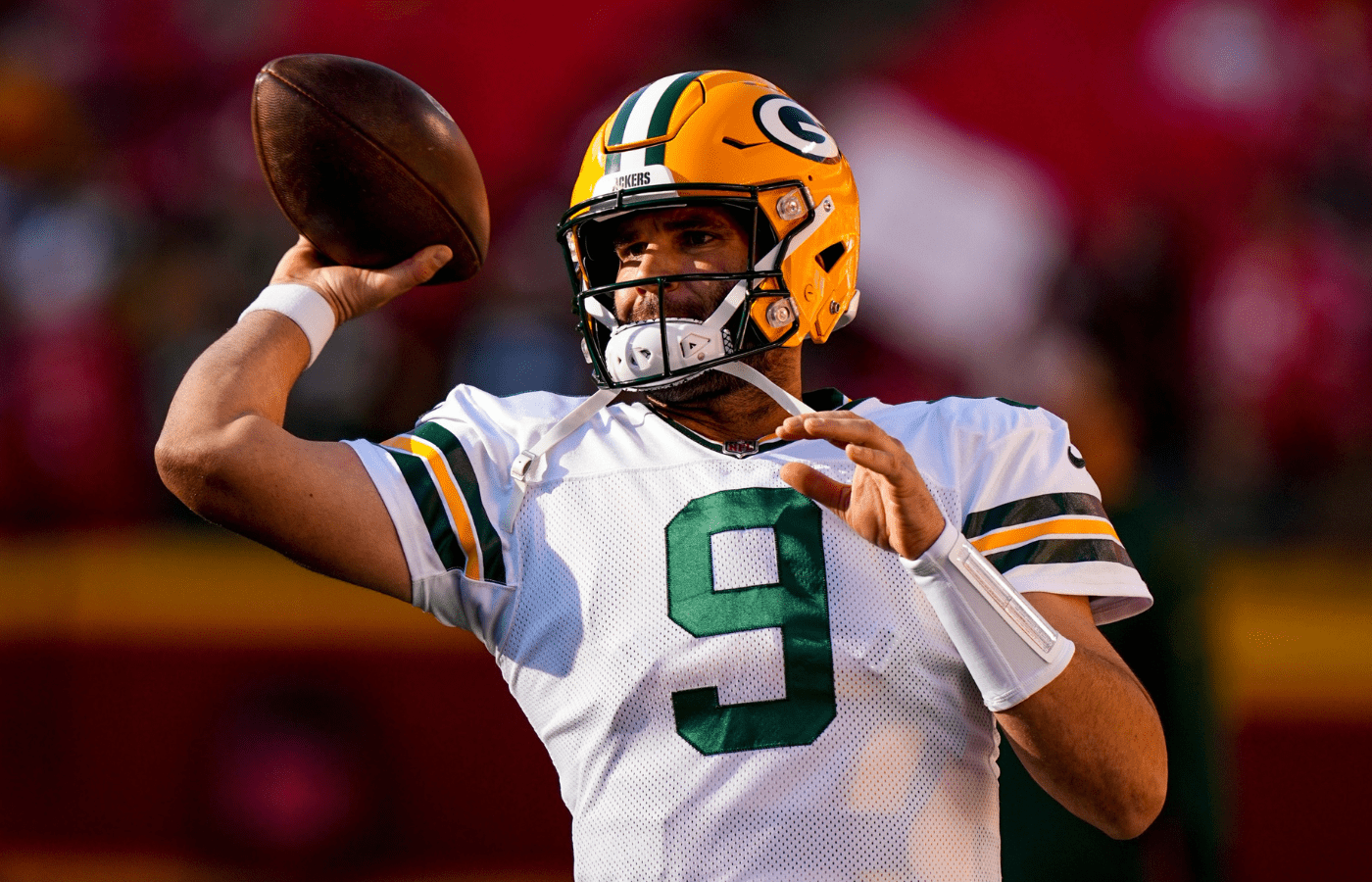 Green Bay Packers quarterback Blake Bortles (9) warms up before the game against the Kansas City Chiefs at GEHA Field at Arrowhead Stadium.