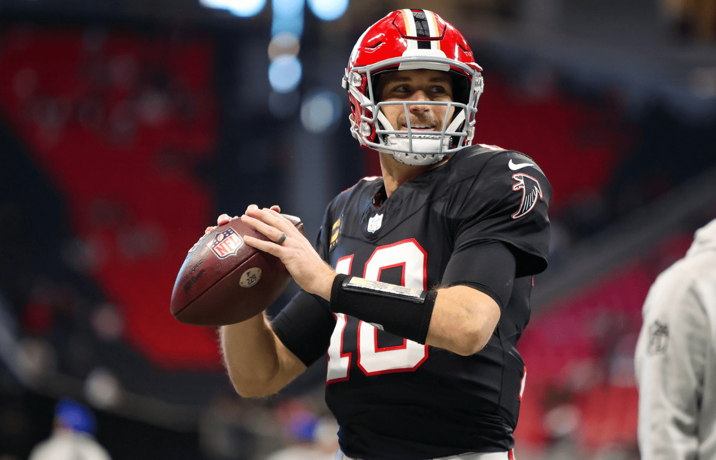 Dec 22, 2024; Atlanta, Georgia, USA; Atlanta Falcons quarterback Kirk Cousins (18) prepares for a game against the New York Giants at Mercedes-Benz Stadium. Mandatory Credit: Brett Davis-Imagn Images