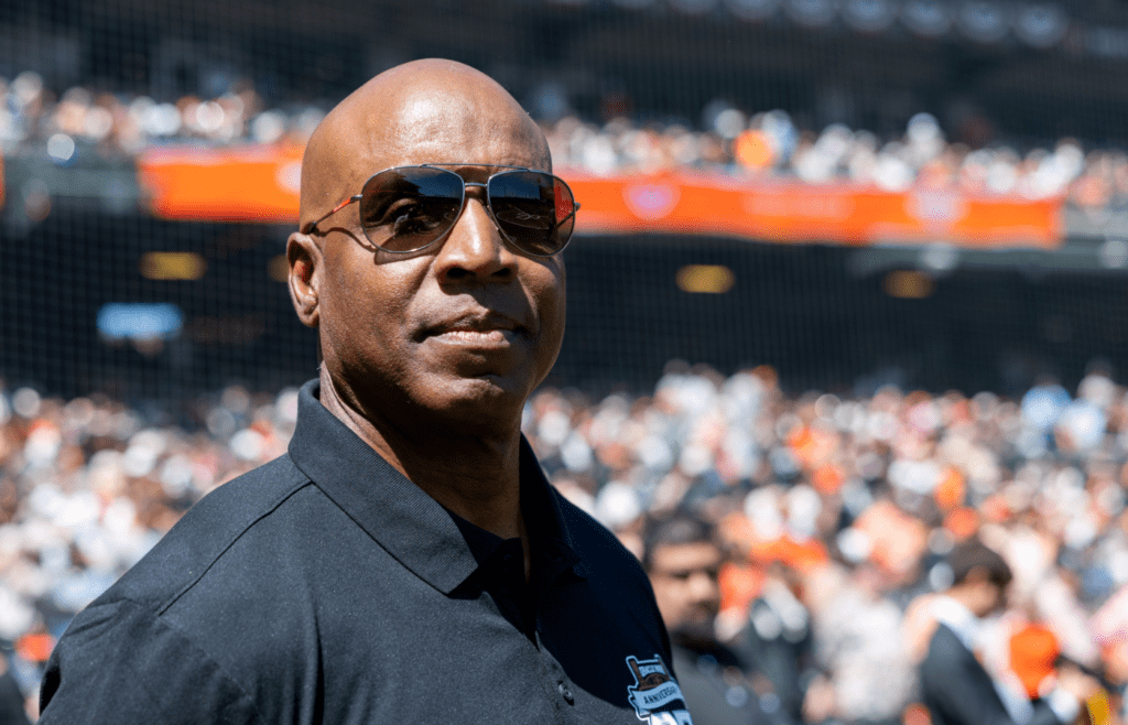 Apr 4, 2025; San Francisco, California, USA; San Francisco Giants legend Barry Bonds is introduced before the game against the Seattle Mariners at Oracle Park. Mandatory Credit: Bob Kupbens-Imagn Images