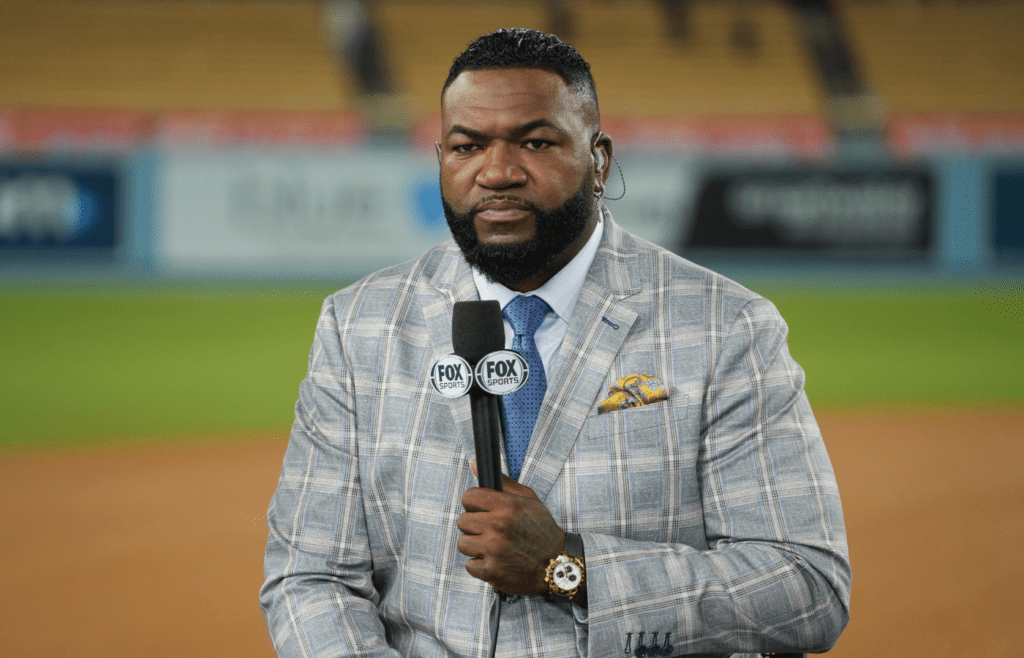 Oct 26, 2024; Los Angeles, California, USA; Fox Sports broadcaster David Ortiz speaks on field after game two between the Los Angeles Dodgers and the New York Yankees in the 2024 MLB World Series at Dodger Stadium. Mandatory Credit: Kirby Lee-Imagn Images
