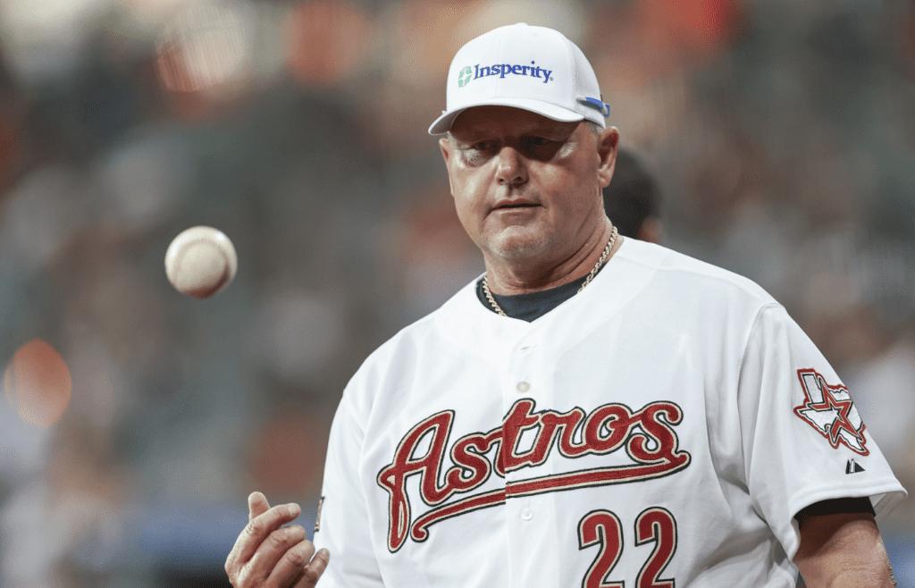Aug 2, 2024; Houston, Texas, USA; Houston Astros former pitcher Roger Clemens tosses a ball before the game between the Astros and the Tampa Bay Rays at Minute Maid Park. Mandatory Credit: Troy Taormina-Imagn Images