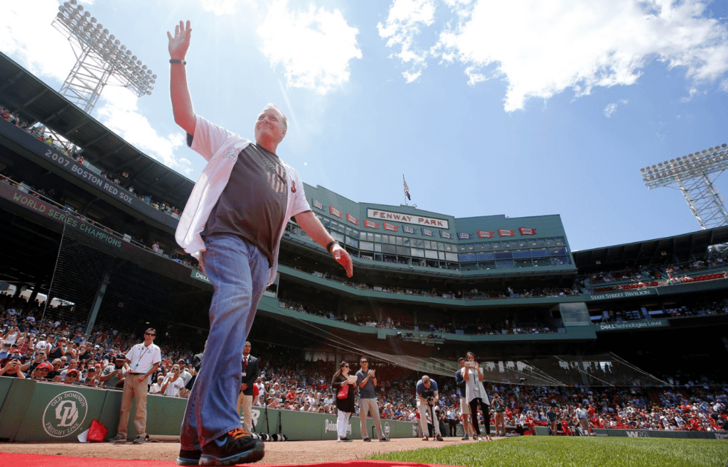 Jul 30, 2017; Boston, MA, USA; Boston Red Sox former pitcher Curt Schilling waves to fans during ceremonies honoring the 2007 World Series Championship team before the game between the Boston Red Sox and the Kansas City Royals at Fenway Park. Mandatory Credit: Winslow Townson-Imagn Images