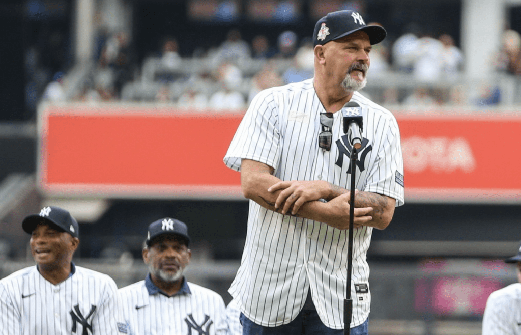 Sep 9, 2023; Bronx, New York, USA; Former New York Yankees pitcher David Wells speaks at Old Timer s Day before the game against the Milwaukee Brewers at Yankee Stadium. Mandatory Credit: Wendell Cruz-Imagn Images