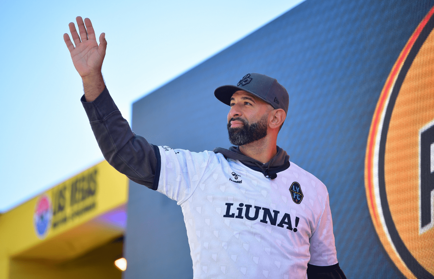 Mar 3, 2024; Las Vegas, Nevada, USA; Former baseball player and Las Vegas Lights FC owner Jose Bautista attends the Pennzoil 400 at Las Vegas Motor Speedway. Mandatory Credit: Gary A. Vasquez-Imagn Images