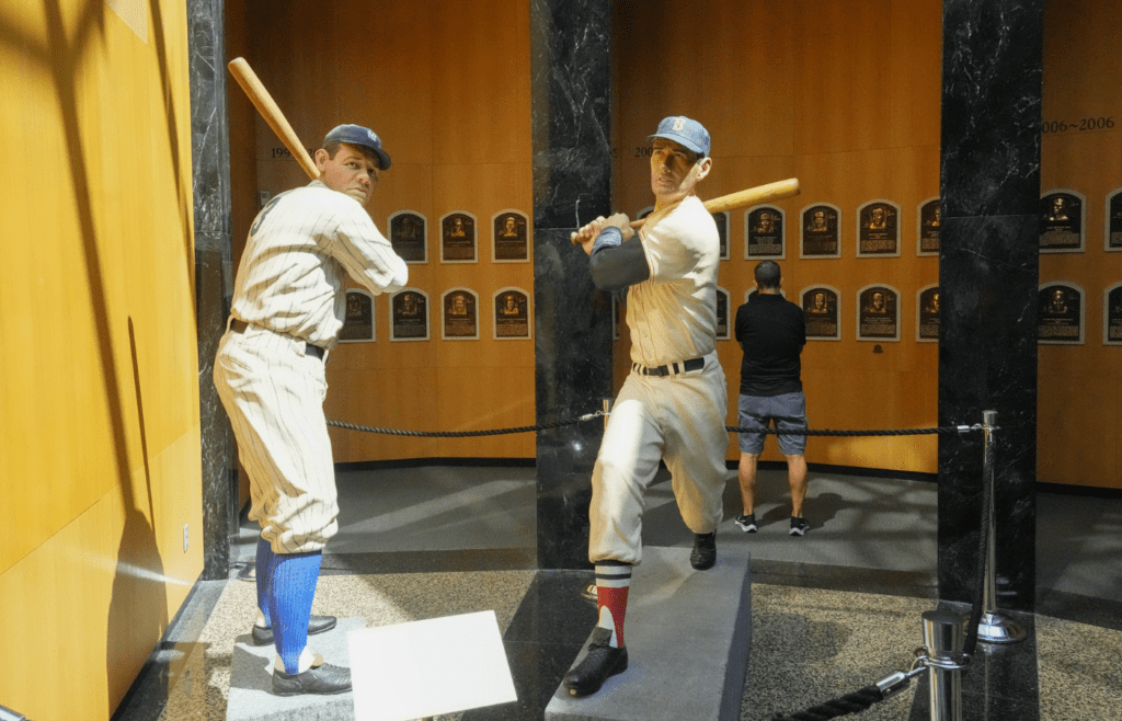Jul 21, 2023; Cooperstown, NY, USA; The Babe Ruth and Ted Williams statue display inside the Baseball Hall of Fame Museum. Mandatory Credit: Gregory Fisher-Imagn Images