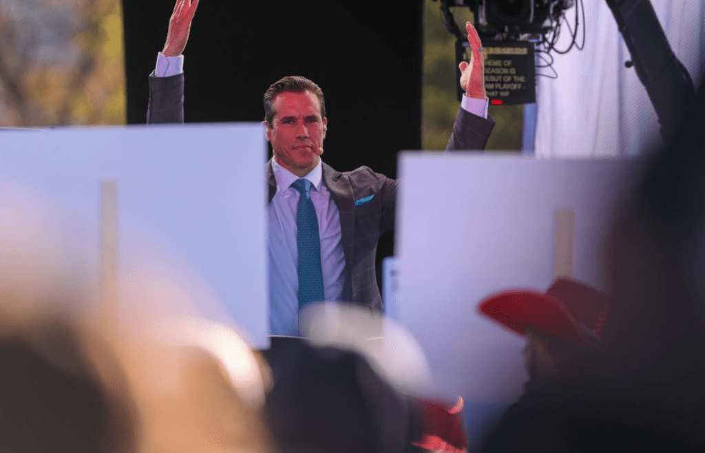 Brady Quinn gestures to the crowd before FOX's Big Noon Kickoff football pregame show at Texas Tech University, Saturday, Nov. 9, 2024 at Jones AT&T Stadium
