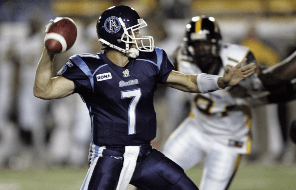 June 9, 2006; Hamilton, ON, Canada - Toronto Argonauts quarterback (7) Eric Crouch throws a pass late in the 4th quarter during a pre-season game against the Hamilton Tiger-Cats at Ivor Wynne Stadium in Hamilton, ON. Hamilton defeated the Argonauts 21-11. Mandatory Credit: Photo By John Sokolowski-Imagn Images Copyright © 2006 John Sokolowski