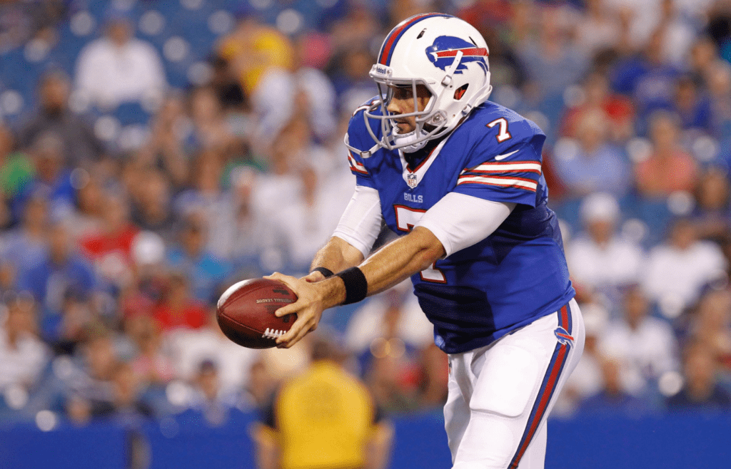 Aug 29, 2013; Orchard Park, NY, USA; Buffalo Bills quarterback Matt Leinart (7) during the game against the Detroit Lions at Ralph Wilson Stadium. The Lions beat the Bills 35-13. Mandatory Credit: Kevin Hoffman-Imagn Images