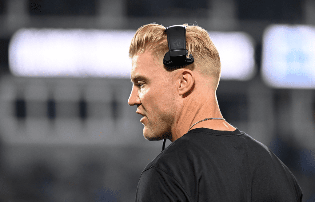Aug 25, 2023; Charlotte, North Carolina, USA; Carolina Panthers quarterbacks coach Josh McCown in the second quarter at Bank of America Stadium. Mandatory Credit: Bob Donnan-Imagn Images