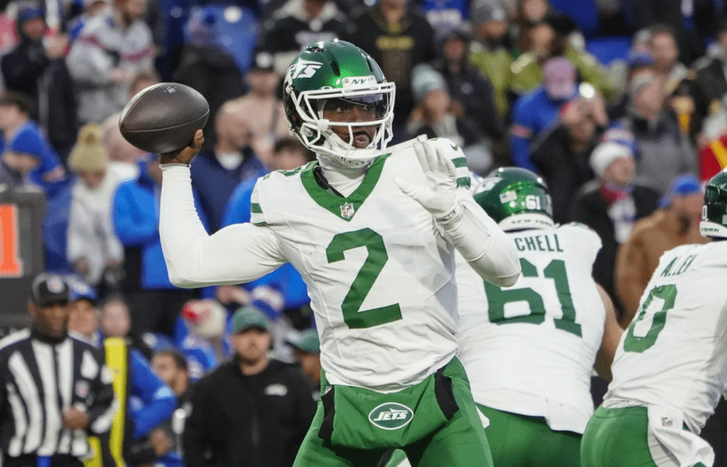 Dec 29, 2024; Orchard Park, New York, USA; New York Jets quarterback Tyrod Taylor (2) throws the ball against the Buffalo Bills during the second half at Highmark Stadium. Mandatory Credit: Gregory Fisher-Imagn Images
