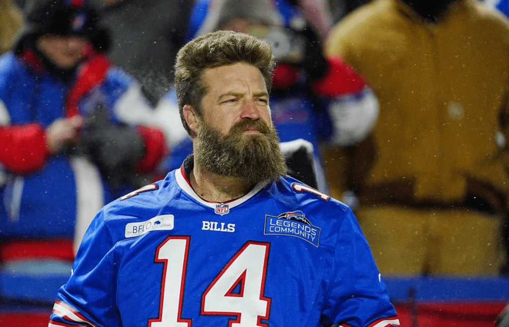 Former Buffalo Bills quarterback Ryan Fitzpatrick was the evening’s legend of the game and lead the crowd with a cheer before the Buffalo Bills divisional game against the Baltimore Ravens at Highmark Stadium in Orchard Park on Jan. 19, 2025.