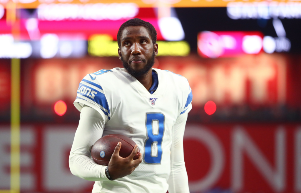 Sep 8, 2019; Glendale, AZ, USA; Detroit Lions quarterback Josh Johnson (8) against the Arizona Cardinals at State Farm Stadium. Mandatory Credit: Mark J. Rebilas-Imagn Images