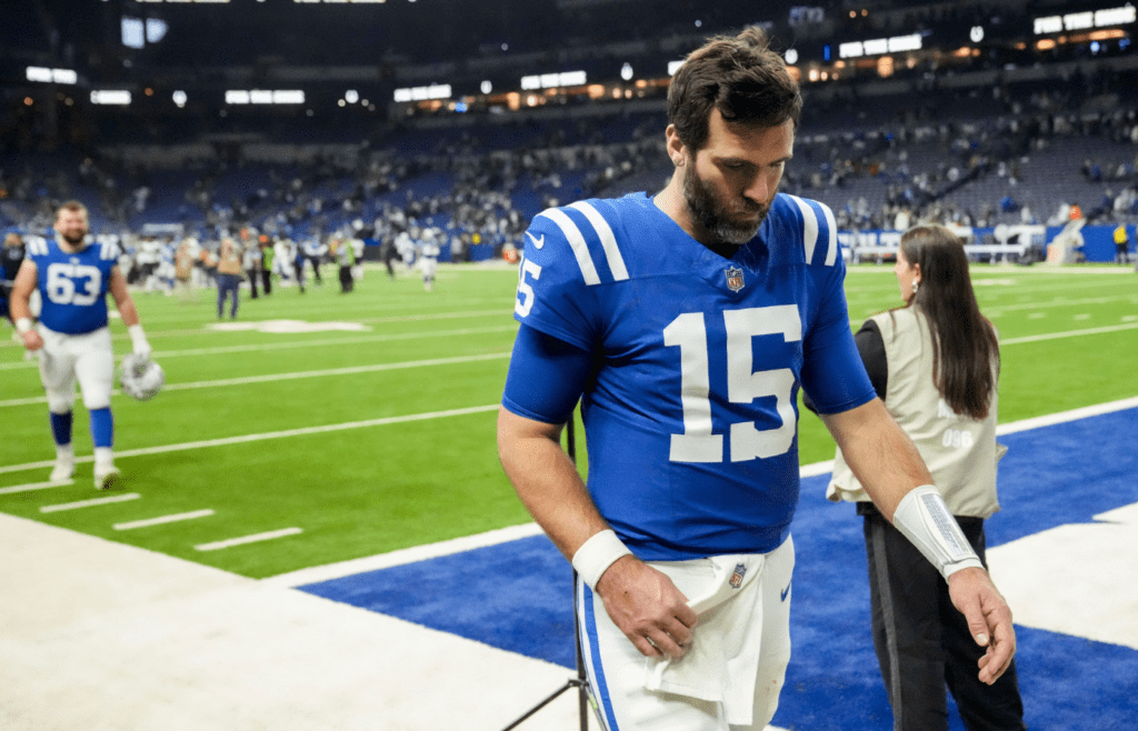 Indianapolis Colts quarterback Joe Flacco (15) leaves the field Sunday, Jan. 5, 2025, after defeating the Jacksonville Jaguars 26-23 in overtime at Lucas Oil Stadium in Indianapolis