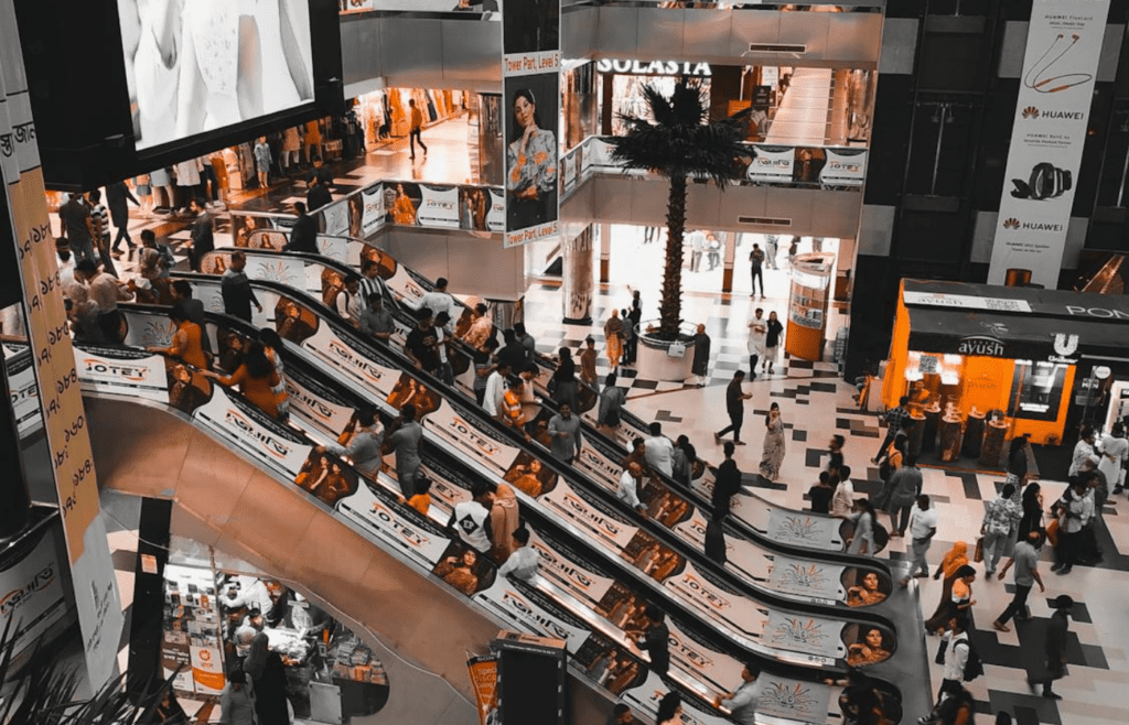 A bustling shopping mall interior