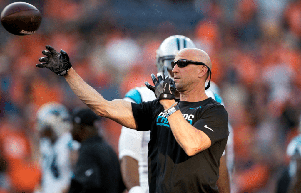 Sep 8, 2016; Denver, CO, USA; Carolina Panthers wide receivers coach Ricky Proehl against the Denver Broncos at Sports Authority Field at Mile High. The Broncos defeated the Panthers 21-20. Mandatory Credit: Mark J. Rebilas-Imagn Images