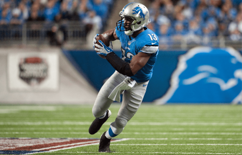 Dec 16, 2013; Detroit, MI, USA; Detroit Lions wide receiver Nate Burleson (13) during the game against the Baltimore Ravens at Ford Field. Mandatory Credit: Tim Fuller-Imagn Images
