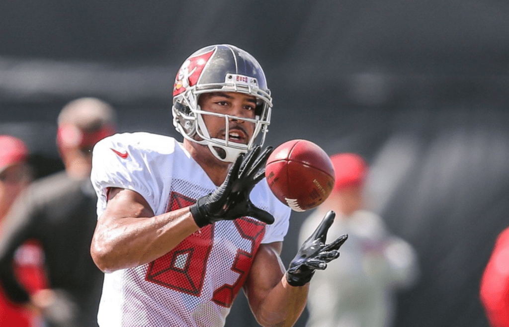 Tampa Bay Buccaneers wide receiver Vincent Jackson (83) catches a pass in a joint practice with the Jacksonville Jaguars during NFL football training camp at Florida Blue Field in Jacksonville, Fla., Wednesday, Aug. 17, 2016. [Gary Lloyd McCullough/For the Florida Times-Union] Nfl Jaguars Training Camp