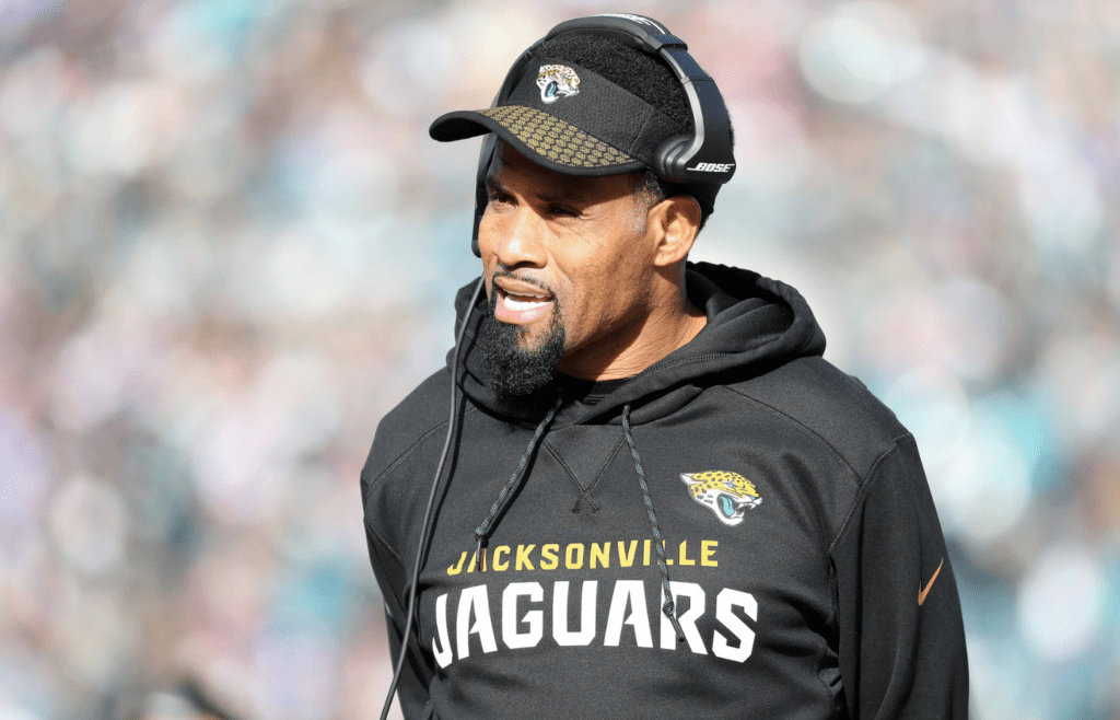 Jan 7, 2018; Jacksonville, FL, USA; Jacksonville Jaguars wide receiver coach Keenan McCardell during the second half of the AFC Wild Card playoff football game at Everbank Field. Jacksonville Jaguars defeated the Buffalo Bills 10-3. Mandatory Credit: Kim Klement-Imagn Images