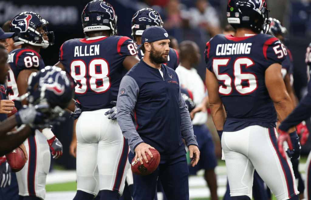 Aug 19, 2017; Houston, TX, USA; Houston Texans coach Wes Welker watches during warm ups before a game against the New England Patriots at NRG Stadium. Mandatory Credit: Troy Taormina-Imagn Images
