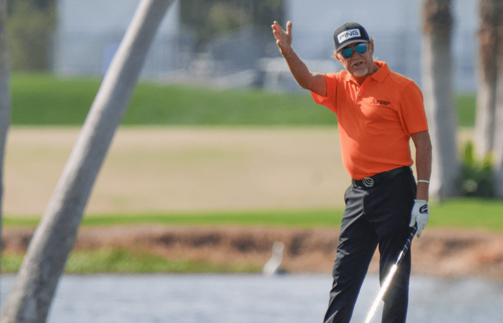 Miguel Ángel Jiménez talks to his ball after hitting an approach shot on the 18hole during the Galleri Classic at Mission Hills Country Club in Rancho Mirage, Calif., March 29, 2025